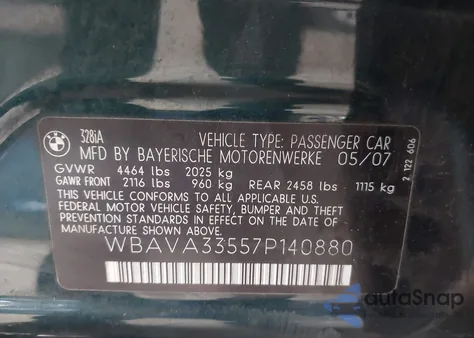 2007 BMW 328I из США, поврежденный, VIN WBAVA33557P140880